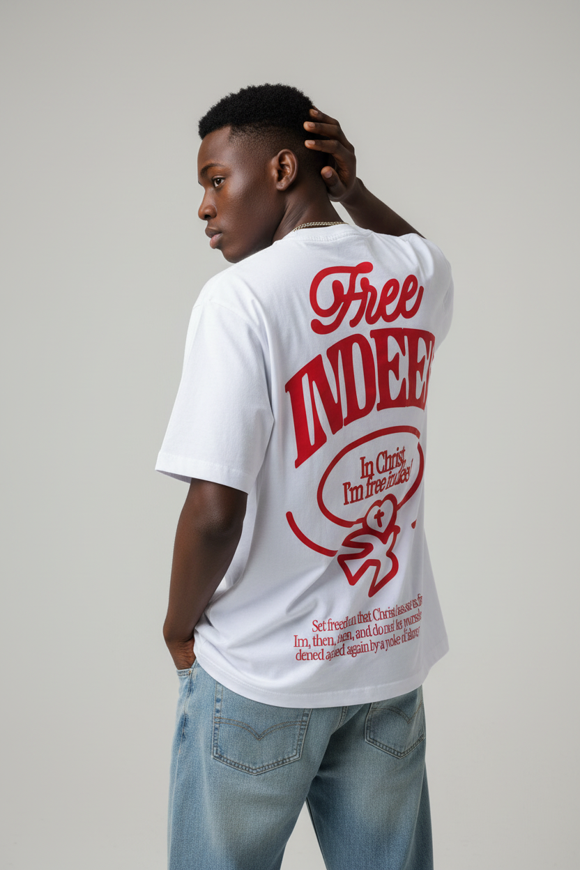 White t-shirt with red text and design on a wooden surface