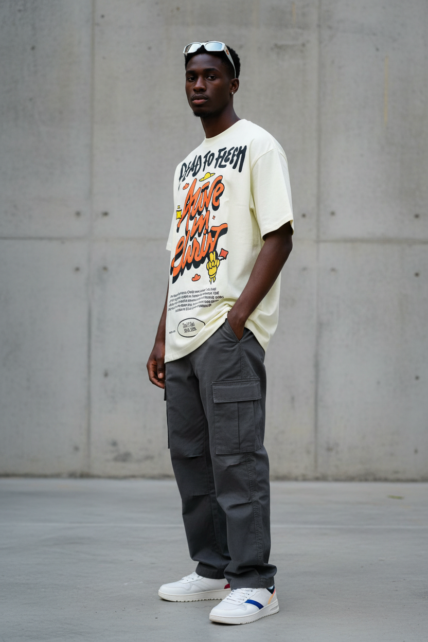 White t-shirt with colorful text design on a wooden wall background