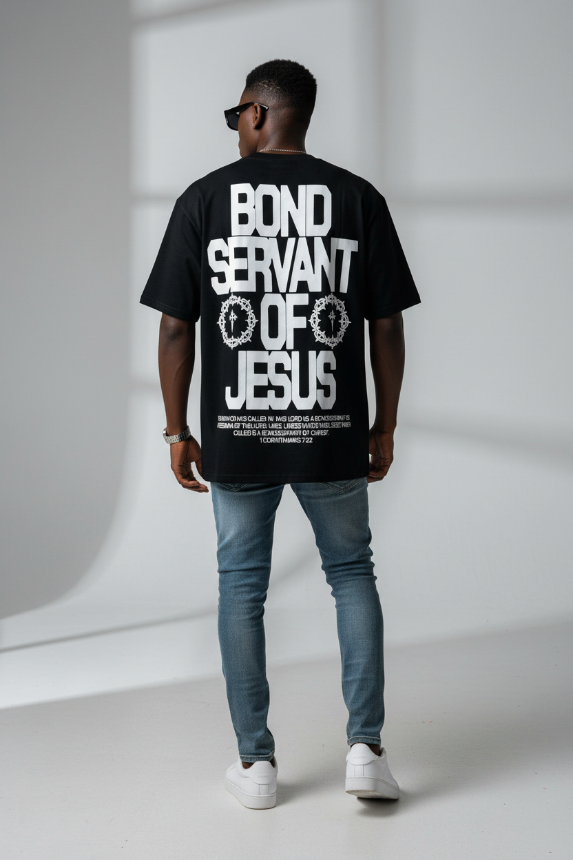 Black t-shirt with white text hanging against a yellow wall